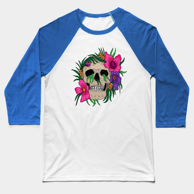 Woman Skull Flower Baseball T-Shirt by Mako Design 